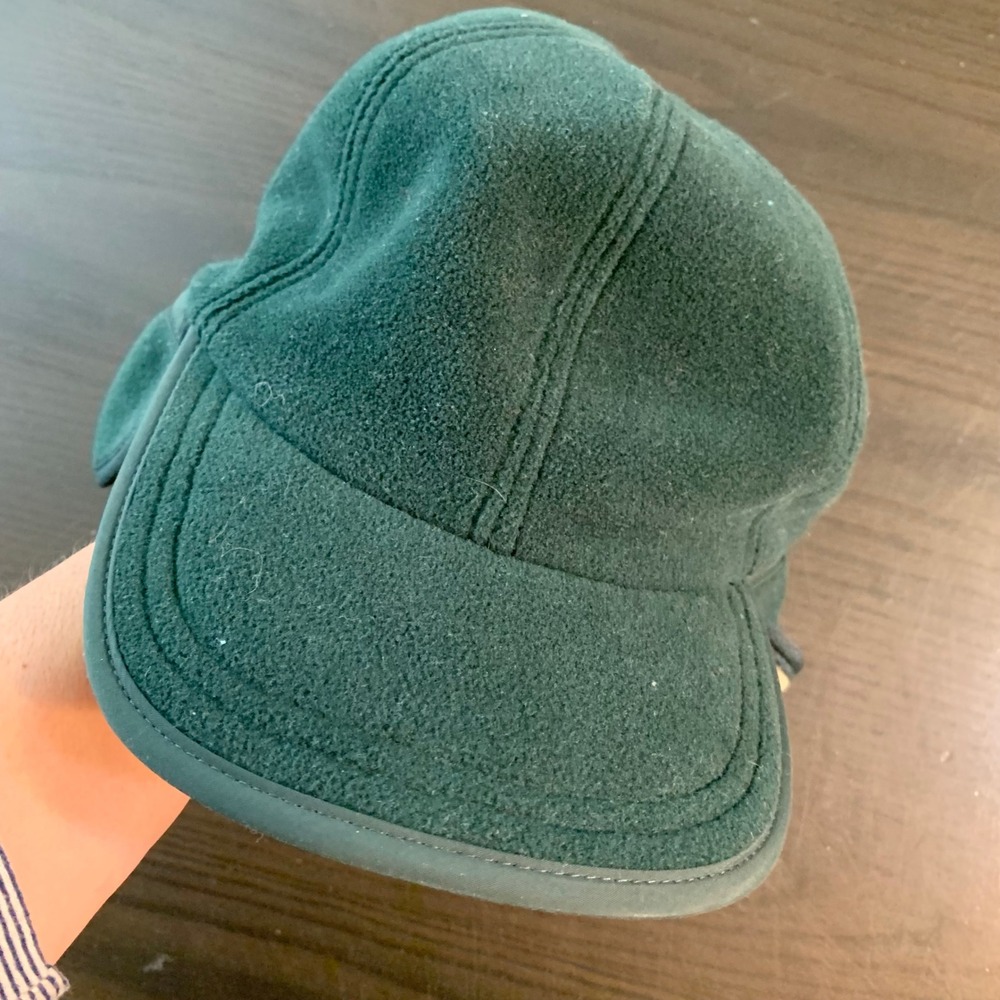 Lands End Mens Fleece Ear Flap Trapper Hat Green Made in USA Large 7 3/8-7 1/2